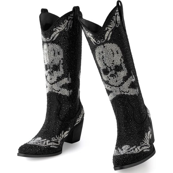 Women Blake Rhinestone Cowboy Boots Pointed Toe Mid Calf Sparkly Block Heel - Picture 1 of 5